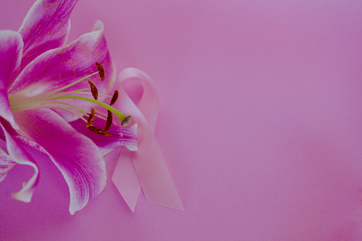 Breast Cancer Awareness Ribbon resting on Pink Lily background
