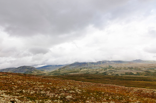 Cottage area in Rondane National Park,  and view to Rondane Mountain range