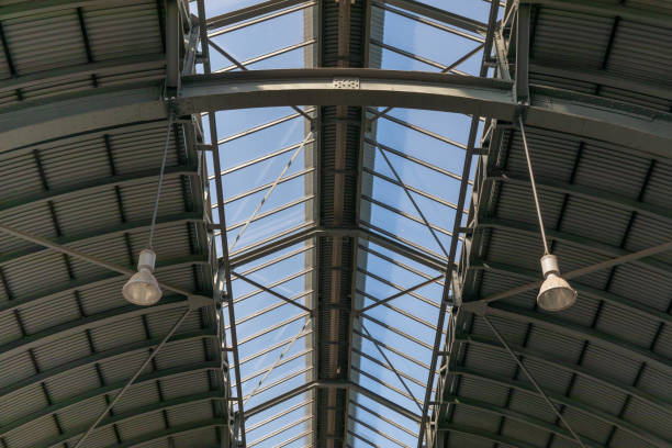 istock Skylight with light in an old train depot, roof background 1413283605