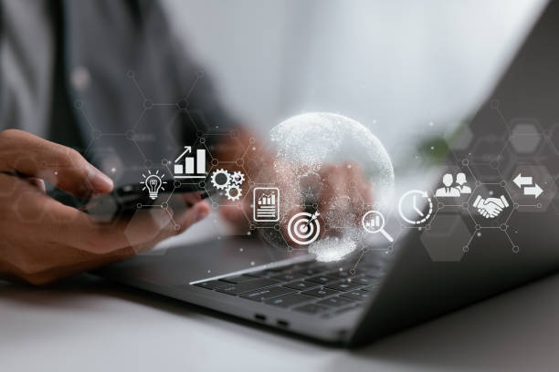 istock A businessman use a smartphone. Examples of business worldwide internet connection application technology and digital marketing include finance and banking, digital link technology, and big data. 1413283735