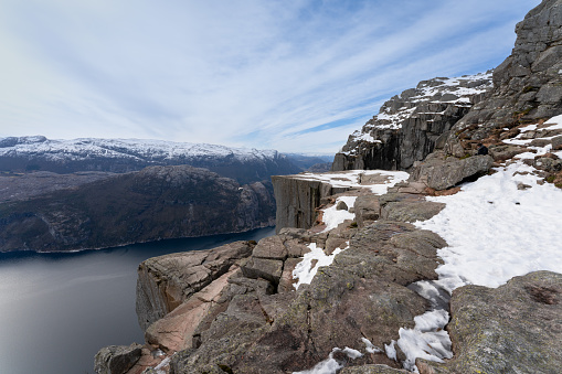 Preikestolen or Prekestolen, a 604 m high cliff in Norway, located by the Lysefjord, Scandinavia, Europe