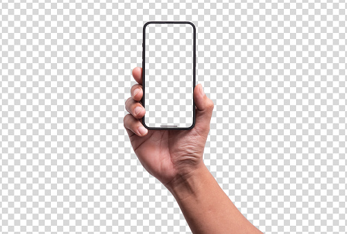 Sosteniendo con la mano el smartphone negro con pantalla en blanco- Trazado de recorte photo