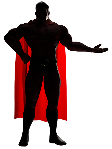 3D render of a superhero presenting your text or product with smile.