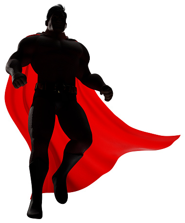 Full length 3d render of a strong and brave cartoon superhero wearing cape while flying up during mission against white background for copy space.