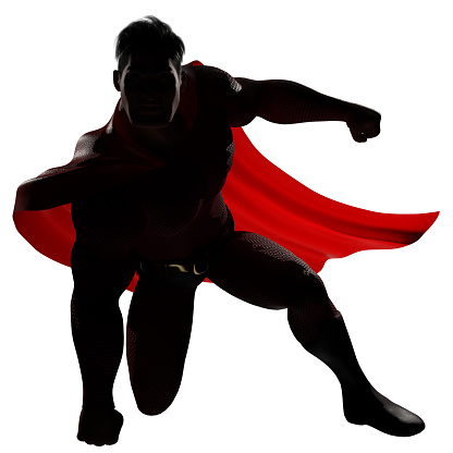 3d render of a determined and powerful superhero landing from the sky.