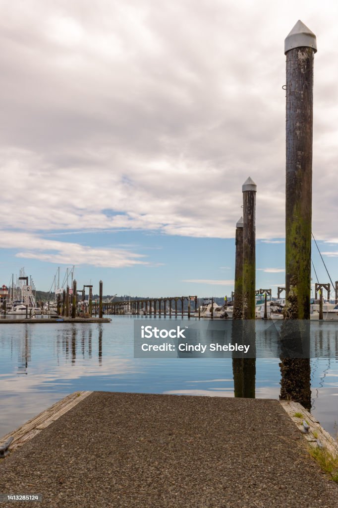 View of public marina from dock View of public marina from dock on a sunny afternoon Everett - Washington State Stock Photo