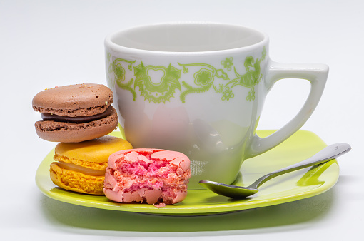 Macarons.  Colored French cookies.  Sweet snack.  Traditional dessert.