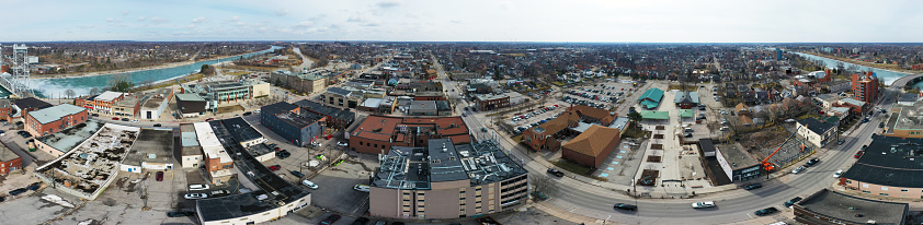 An aerial panorama scene of Welland, Ontario, Canada