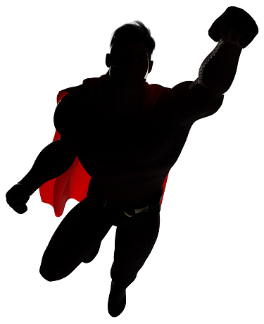 3d render of determined and powerful superhero wearing cape while flying against white background for copy space.