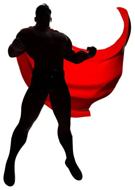 Full length 3d render of a strong cartoon superhero wearing cape while flying up during mission against white background for copy space.