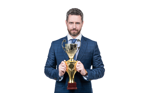 Senior manager in formal suit hold golden cup for business success isolated on white, trophy.