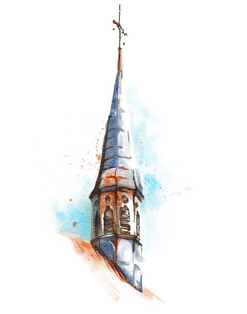 городские зарисовки акварел�ью средневековой крыши - color image pen city life art stock illustrations