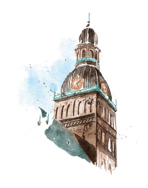 городские зарисовки акварельной средневековой башни на крыше - color image pen city life art stock illustrations