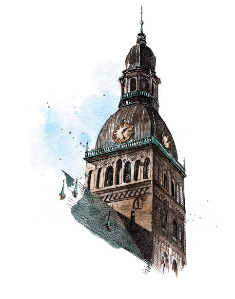 Urban sketching watercolor medieval roof tower vector art illustration