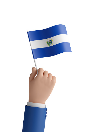 Cartoon hand with the flag of El salvador isolated on white background. 3d illustration.