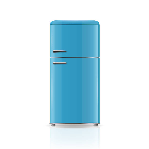 illustrations, cliparts, dessins animés et icônes de vector 3d réaliste bleu rétro vintage réfrigérateur icône isolé sur blanc. réfrigérateur vertical. réfrigérateur fermé. modèle de conception, maquette de réfrigérateur. vue de face - réfrigérateur
