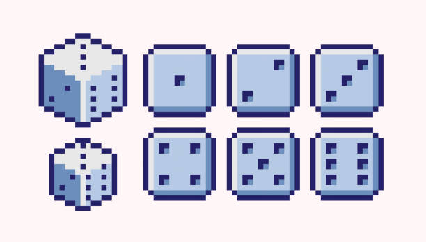 Dice roll pixel art set. Playing cube sides collection. 8 bit sprite. Game development, mobile app. Isolated vector illustration. cartoon of a gambling stock illustrations