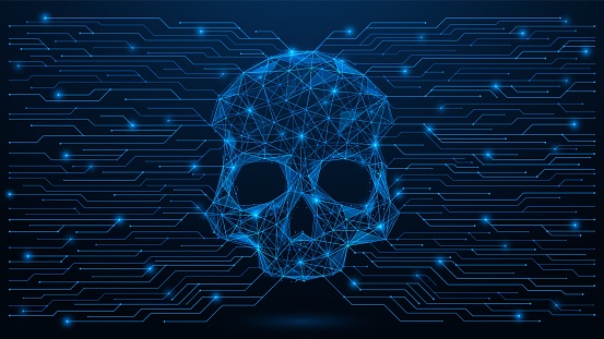 Hacker attack, infection of the system with a computer virus. A skull with outgoing electronic connections. Polygonal design of lines and dots. Blue background.