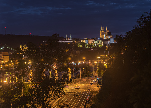 Night view of Prague city houses and lights