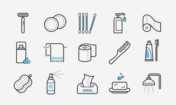 ilustraciones, imágenes clip art, dibujos animados e iconos de stock de juego de accesorios de baño. crema de peine de champú de cosméticos de ducha. servilletas de papel higiénico. símbolos relacionados con la higiene. vector de trazo editable - bathroom item