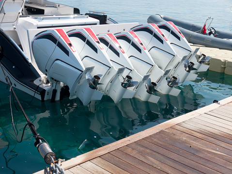 Speed boat in mediterranean sea, aerial view