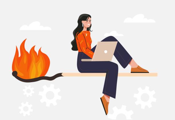 Concept of deadline Concept of deadline. Young girl with laptop stands on burning match. Poor time management, inefficient employee. Woman copy with pressure, stress and panic at work. Cartoon flat vector illustration burnout stock illustrations