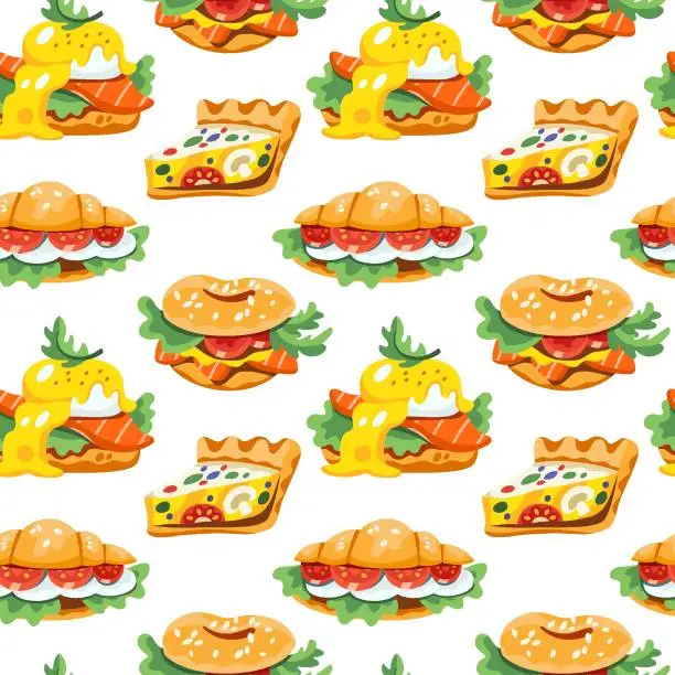 Vector illustration of Seamless pattern with delicious food: benedict eggs, quiche tarts, bagel and croissant sandwiches
