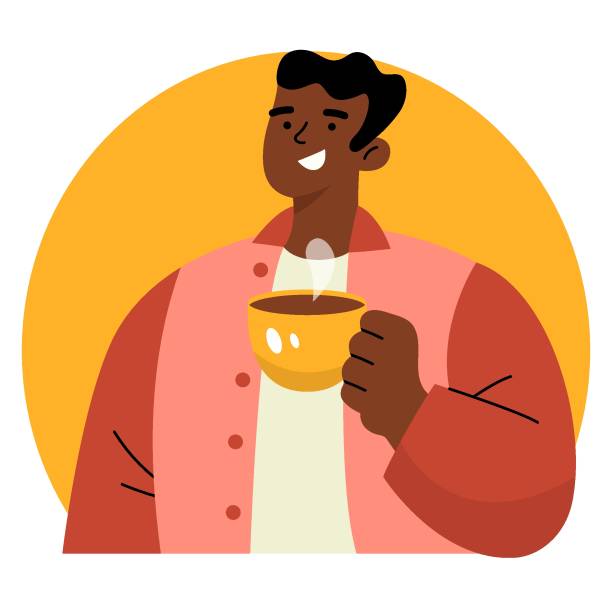 Happy guy in red shirt holding a yellow cup of coffee vector art illustration