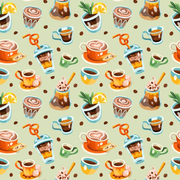 Seamless pattern with variety of coffee drinks and beans vector art illustration