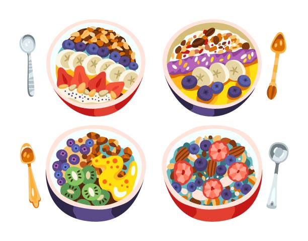 Set of vector illustration of delicious granola bowls with fruits and berries vector art illustration