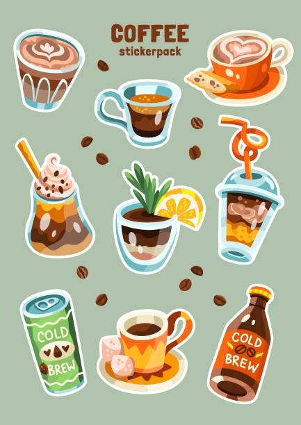 Set of vector illustration of coffee based drinks Set of vector illustration of coffee based drinks. Pack of ready to print stickers. Blue, orange, brown, beige, yellow colors. Hand drawn cartoon flat vector illustration flat white stock illustrations