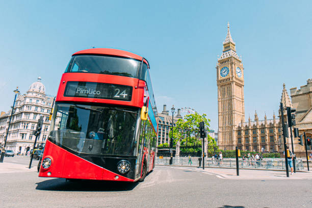 istock Iconic Red London Double Decker Bus Turning in Front of London's Famous Clock Tower Featuring Big Ben 1413297171