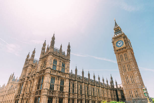 Low Angle Shot of Big Ben in London, UK on an Unusually Sunny Day stock photo