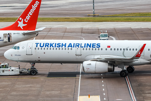 Manchester Airport, United Kingdom -  1 July, 2022: Turkish Airlines Airbus A321 (TC-JSR) pushing back for departure to Istanbul, Turkey.
