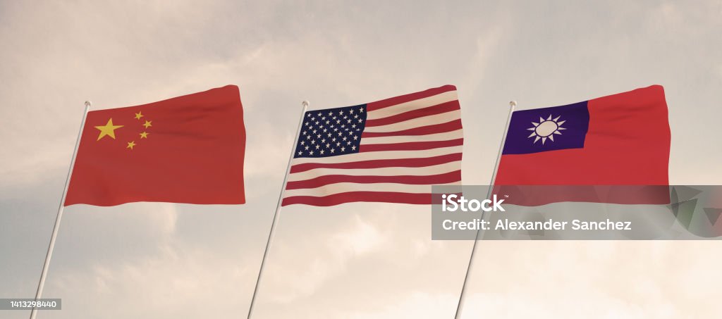Flags of China, Taiwan and USA waving with cloudy blue sky background, 3D redering United States of America, Chinese Communist Party CCP. 3d rendering. Senkaku Islands Stock Photo