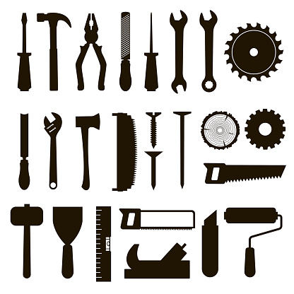 Set of icon tools black color for carpentry service, repair service, lumberjack, sawmill and woodwork isolated on white background. Vector illustration