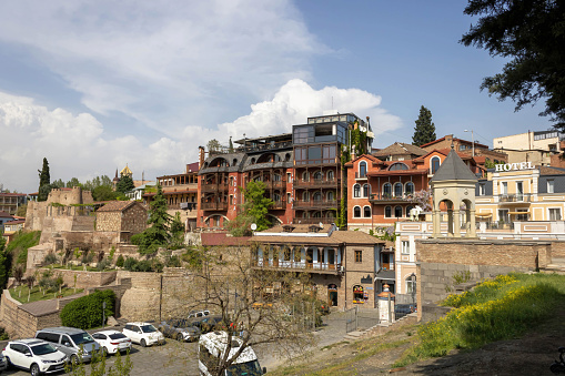 Tbilisi, Georgia - April 26, 2022: An elegant hotel on a hill overlooking the Old City.