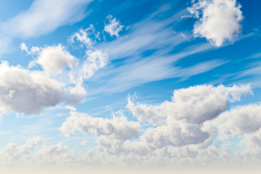 Wispy fluffy clouds against a blue sky. 3D illustration rendering.