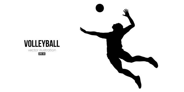 Abstract silhouette of a volleyball player on white background. Volleyball player man hits the ball. Vector illustration Abstract silhouette of a volleyball player on white background. Volleyball player man hits the ball. Vector illustration volleyball ball volleying isolated stock illustrations