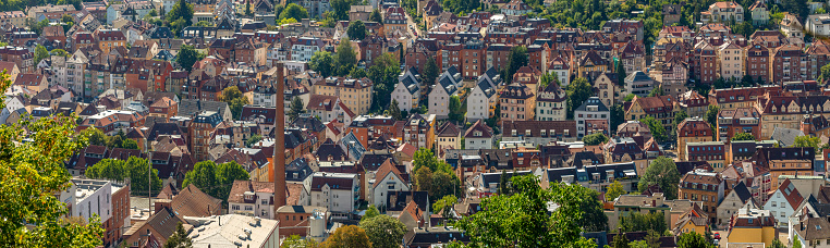 Panorama of Stuttgart Süd, Germany, Wide view over houses, roofs and buildings on a sunny summer day