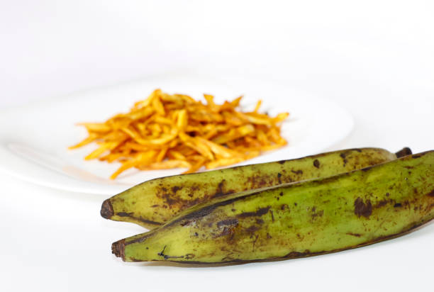 Closeup Image Of Plantain Banana And Chips In White Background