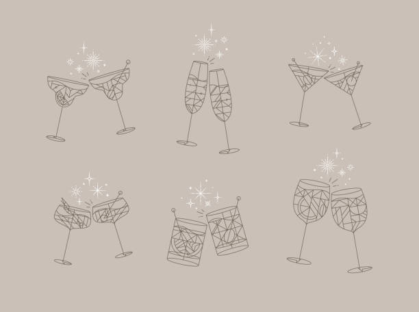 illustrazioni stock, clip art, cartoni animati e icone di tendenza di saluti con bicchieri da cocktail grigi - wine glass champagne cocktail