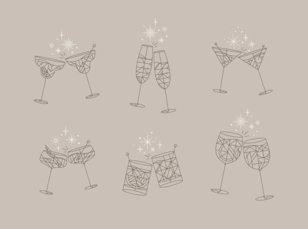 Cheers with cocktail glasses gray Cocktail glasses cheers for prosecco, wine, whiskey, vermouth, gin, martini, aperol, margarita in modern flat line style drawing on gray background Champagne stock illustrations