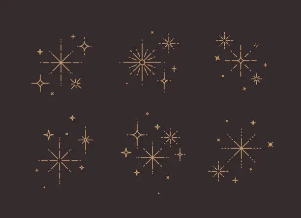 Vector illustration of Clink splashes, stars, glowing flat line style brown