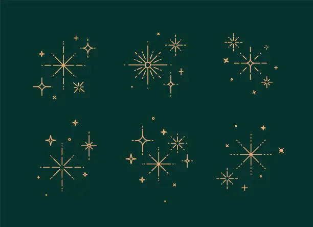 Vector illustration of Clink splashes, stars, glowing flat line style green
