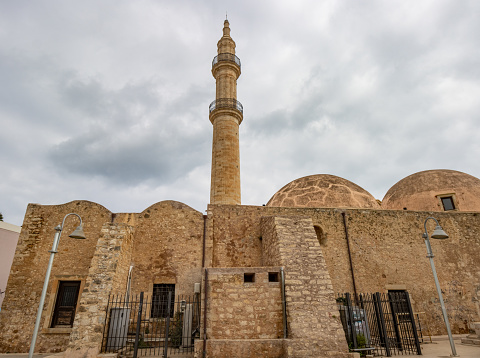 Neratze Mosque at Rethymnon Town  in Crete, Greece. It is also known as Gazi Hussein Mosque and is a legacy of the Turk domination of 1657 when Gazi Hussein Pasha transformed the original Venetian church and monastery into a mosque,
