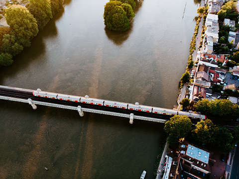 Aerial View Photo Above Train in London at the sunset