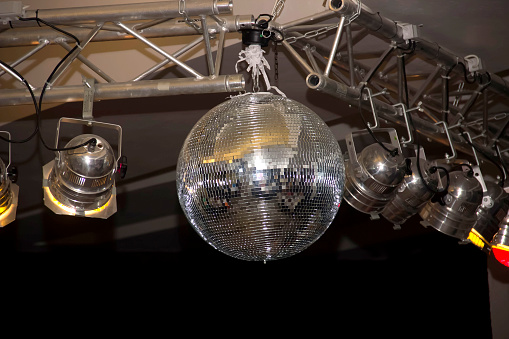 close-up of a disco ball and raw of a light sources for the events