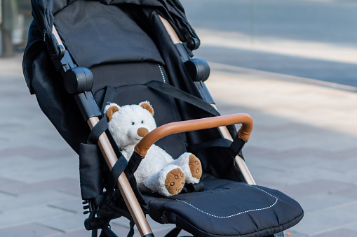 Soft toy teddy bear sitting in a baby stroller