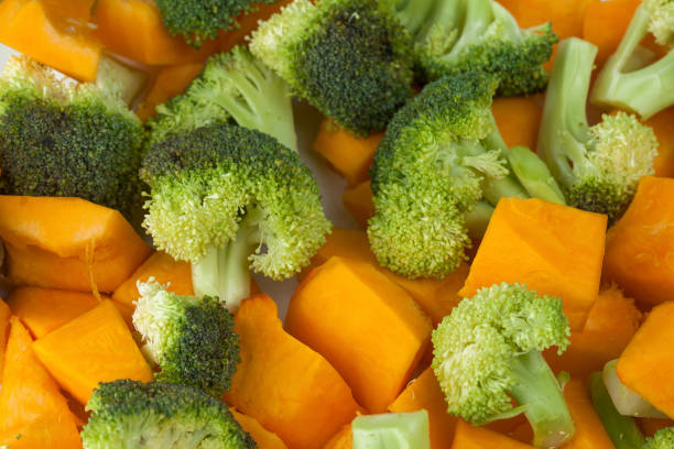 istock dish ith pieces of pumpkin and  broccoli, background 1413309147